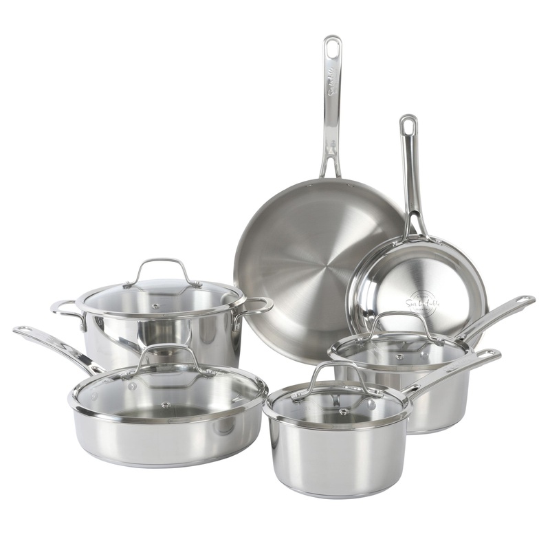Sur La Table Kitchen Essentials 10 Piece Stainless Steel Non Toxic Pots and Pans Kitchen Cookware Set W/ Triply Encapsulated Base – Induction Safe