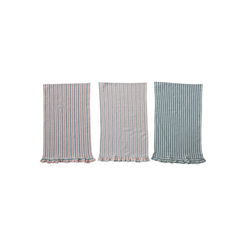 Woven Cotton Tea Towel w/ Stripes & Ruffle, 3 Styles