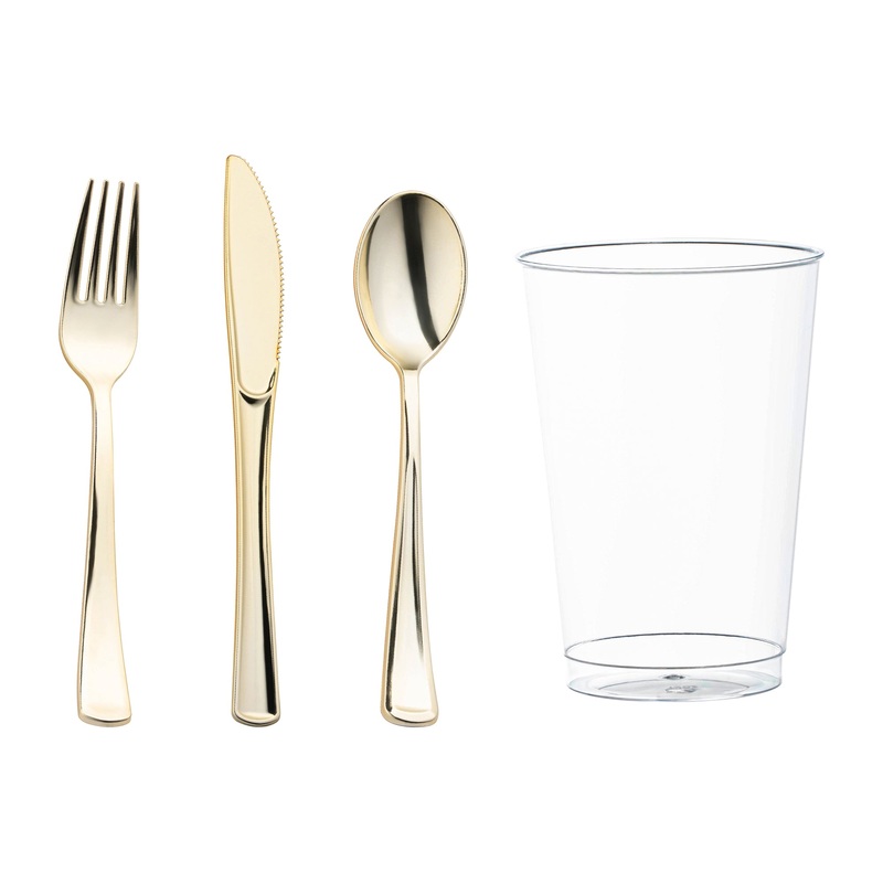 Gold Disposable Plastic Cutlery and Cup Set