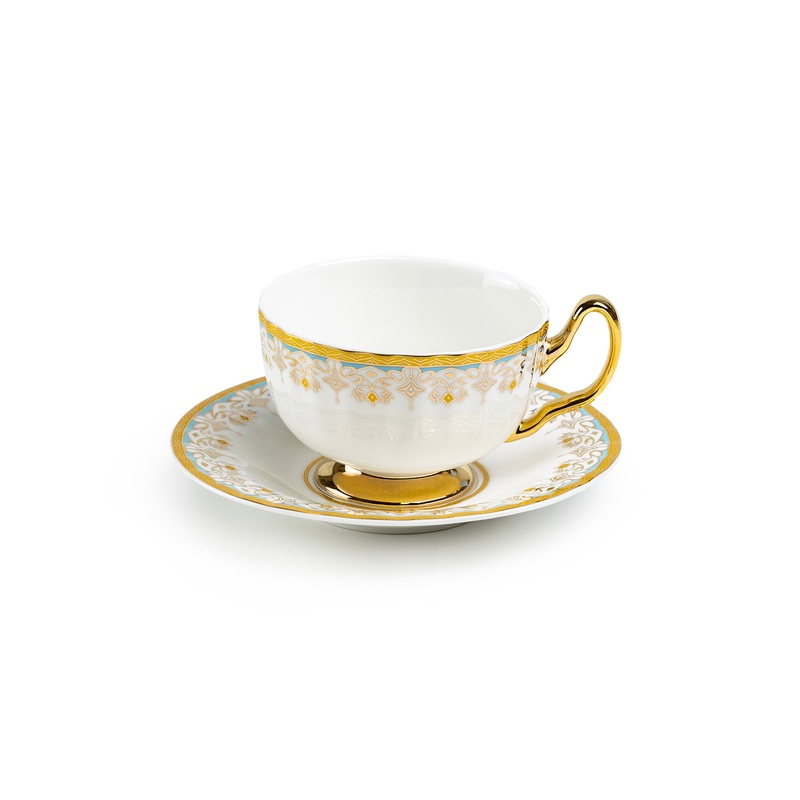 White Floral Toile Fine Porcelain Tea Cup and Saucer