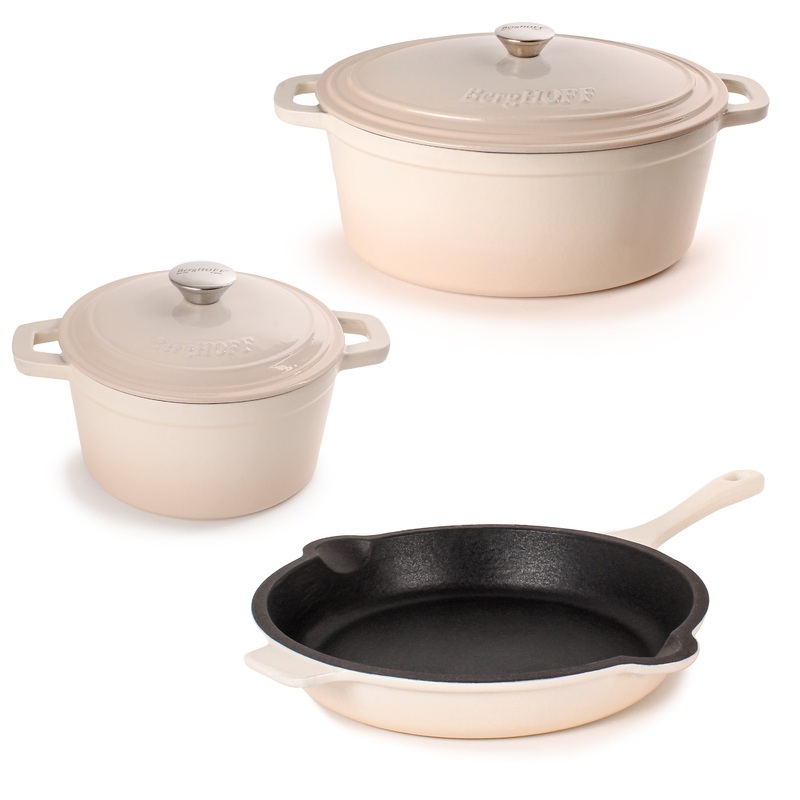BergHOFF Neo 5pc Cast Iron Dutch Oven Set with 10″ Fry Pan, 3qt. & 5qt., Meringue