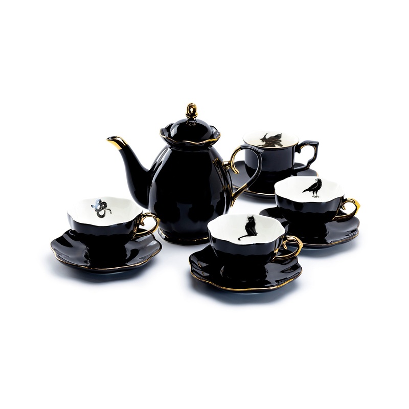 Black Gold Scallop Teapot + 4 Assorted Halloween Tea Cup and Saucer Sets – Ver. A