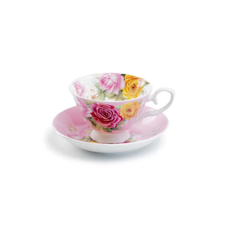 Rose Bouquet Pink Bone China Tea Cup and Saucer