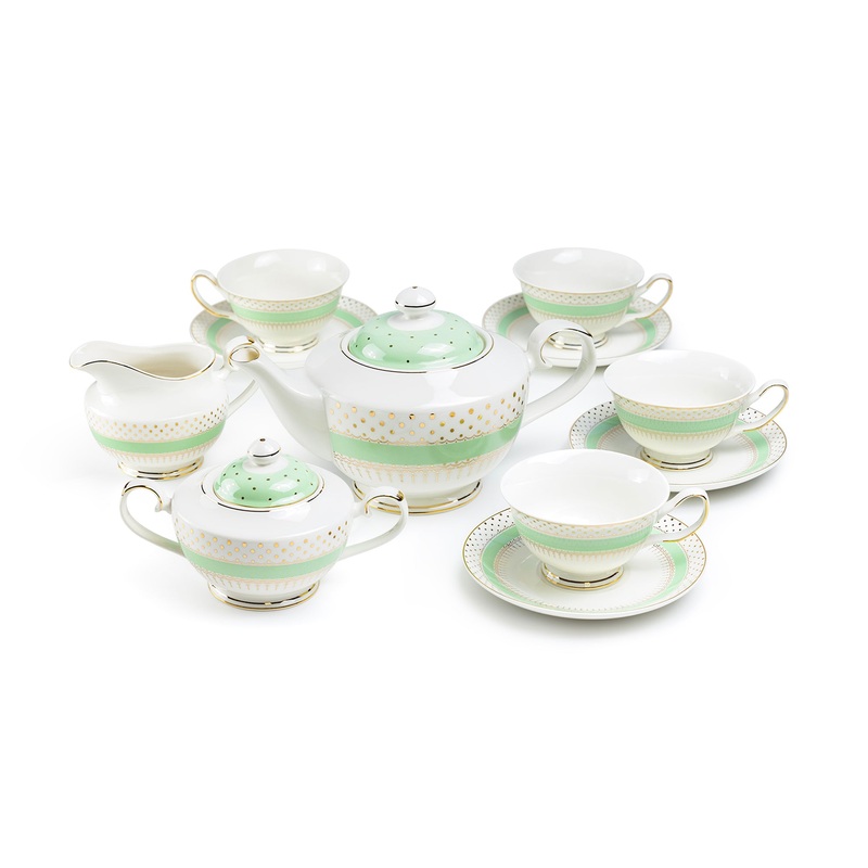 Mint Green Stripe with Gold Dots Fine Porcelain Tea Set