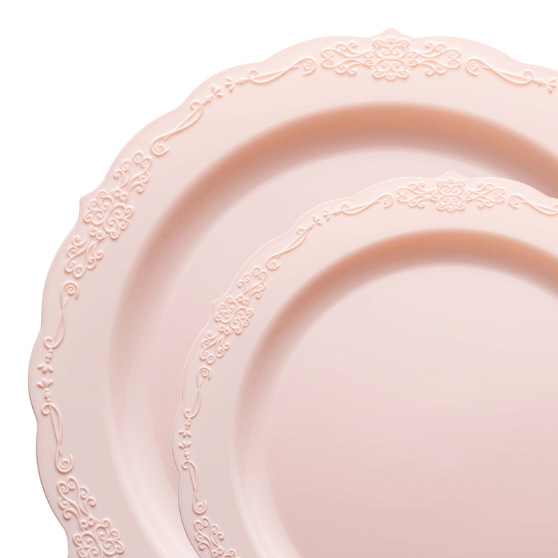 Pink Vintage Round Disposable Plastic Dinnerware Value Set