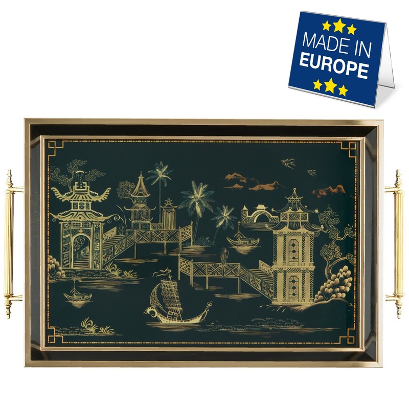 Hakan Rectangular Decorative Serving Tray 19×11.5-inch Black- Golden Voyage with Glass Surface