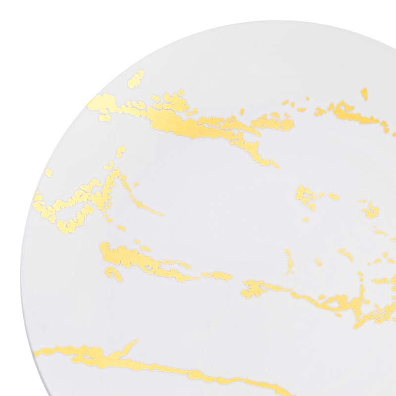 White with Gold Marble Stroke Round Disposable Plastic Dinner Plates (10.25″)