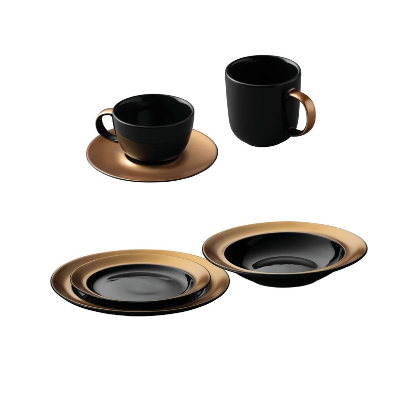 BergHOFF GEM Porcelain 6Pc Dinnerware Place Setting, Black & Gold