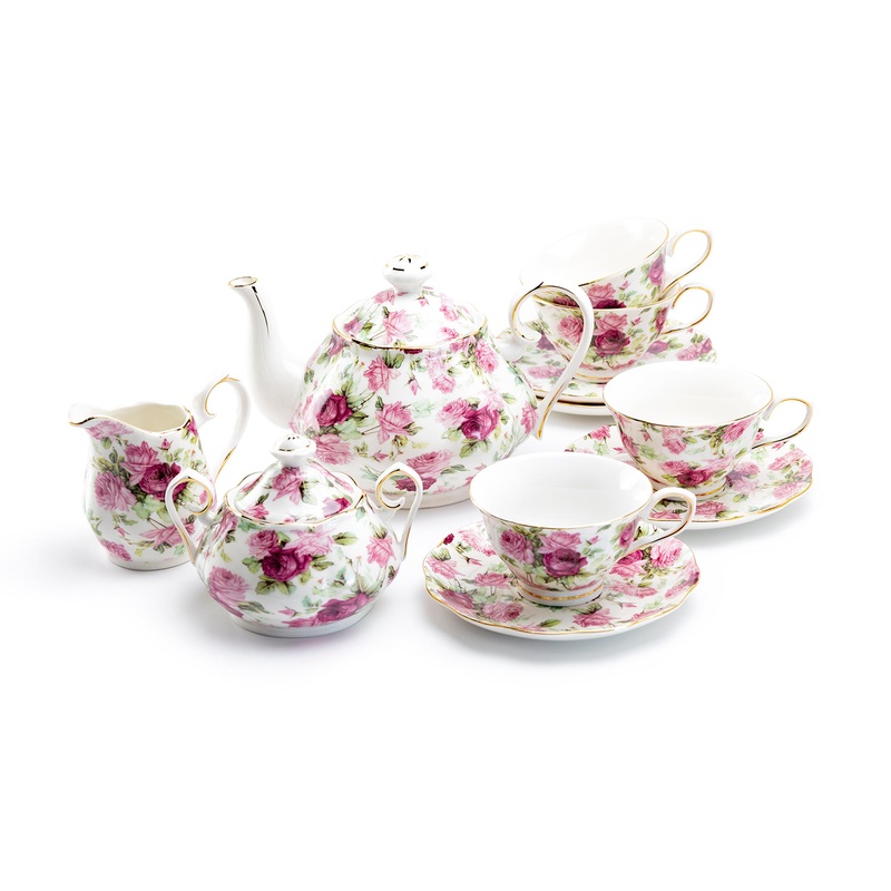 Pink Summer Rose Chintz Fine Porcelain 11-Piece Tea Set