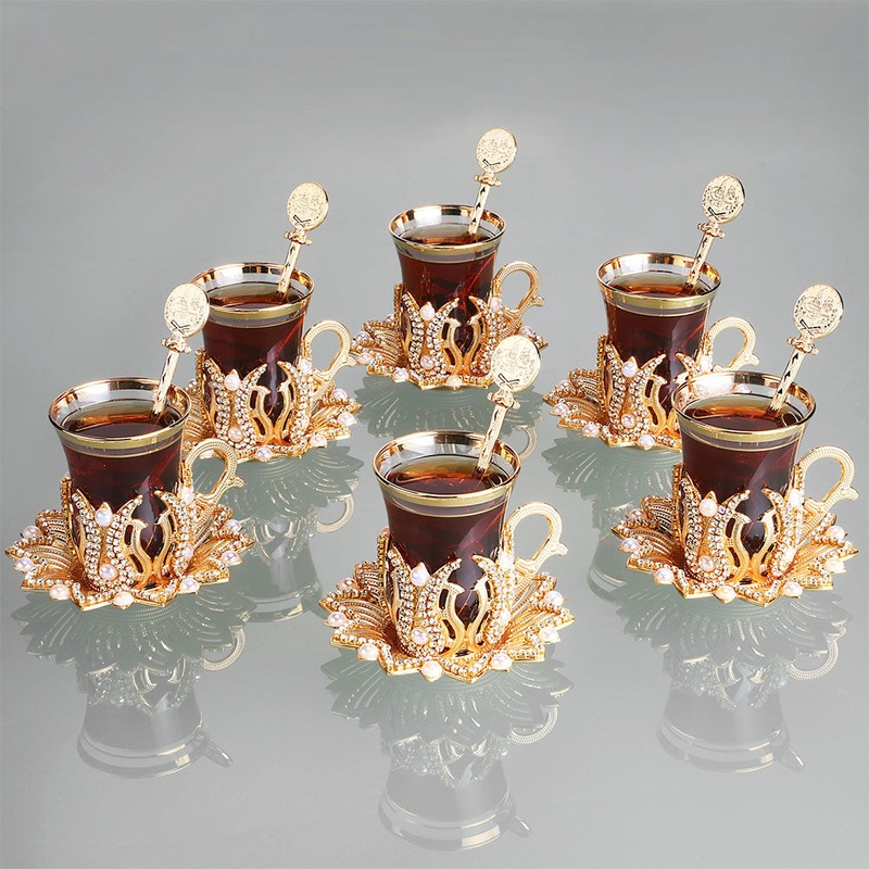 Tea Glasses Set of 6 with Pearl and Swarovski, 24 Pcs, 2.5 oz