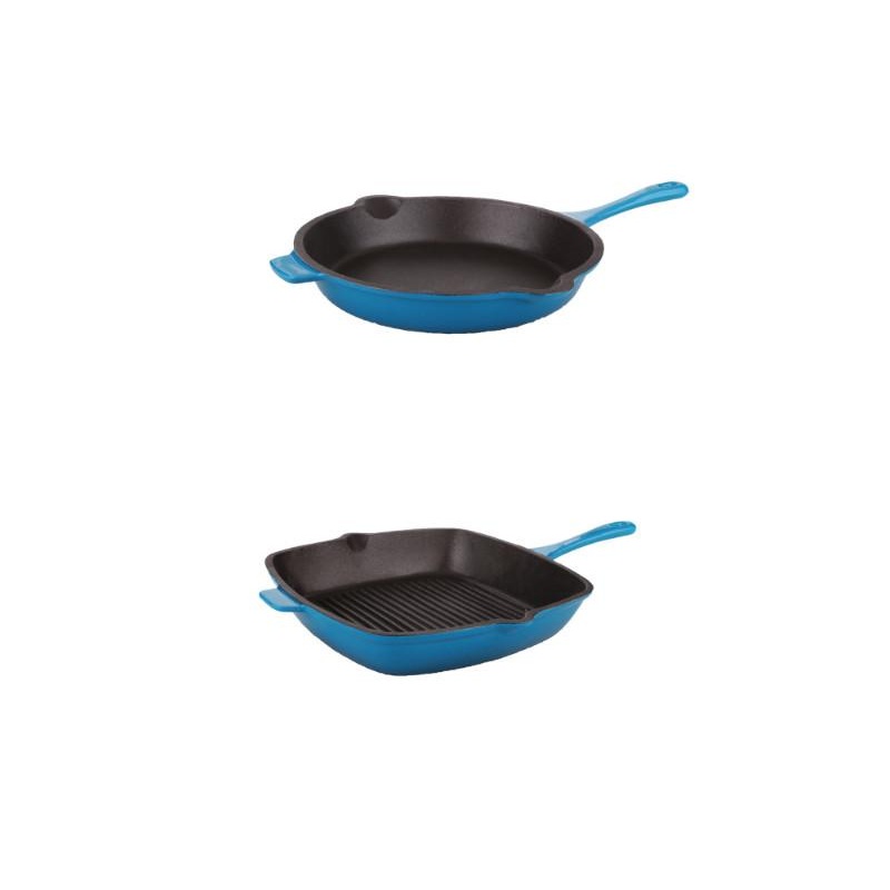 BergHOFF Neo 2pc Cast Iron 10″ Fry Pan & 11″ Grill Pan Cookware Set, Blue