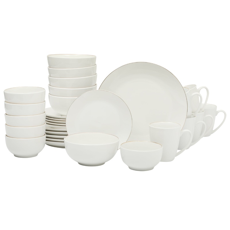 Gibson Home Ogalla 30 Piece Plates, Bowls, & Mugs Dinnerware Set – Service for 6 – White Porcelain W/ Gold Band