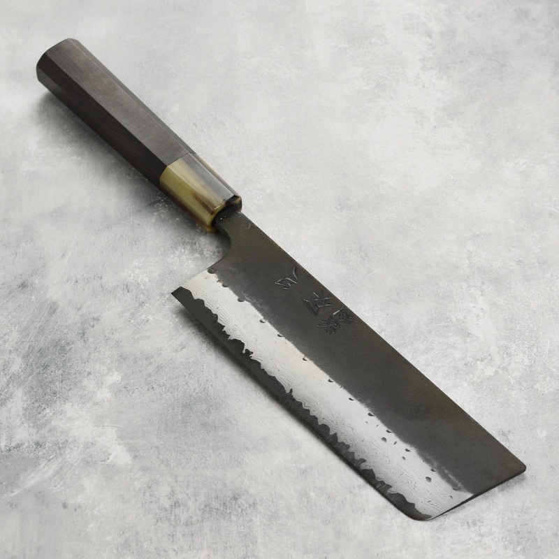Hatsukokoro Shinkiro Aogami Super Kurouchi Damascus 6.5″ Nakiri, Ebony with Ferrule