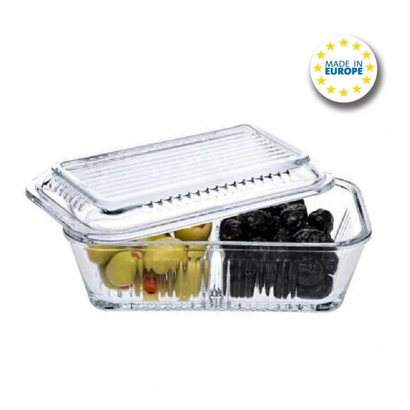 Pasabahce Glass Storage Container with Lid, 2 Part Relish Dish