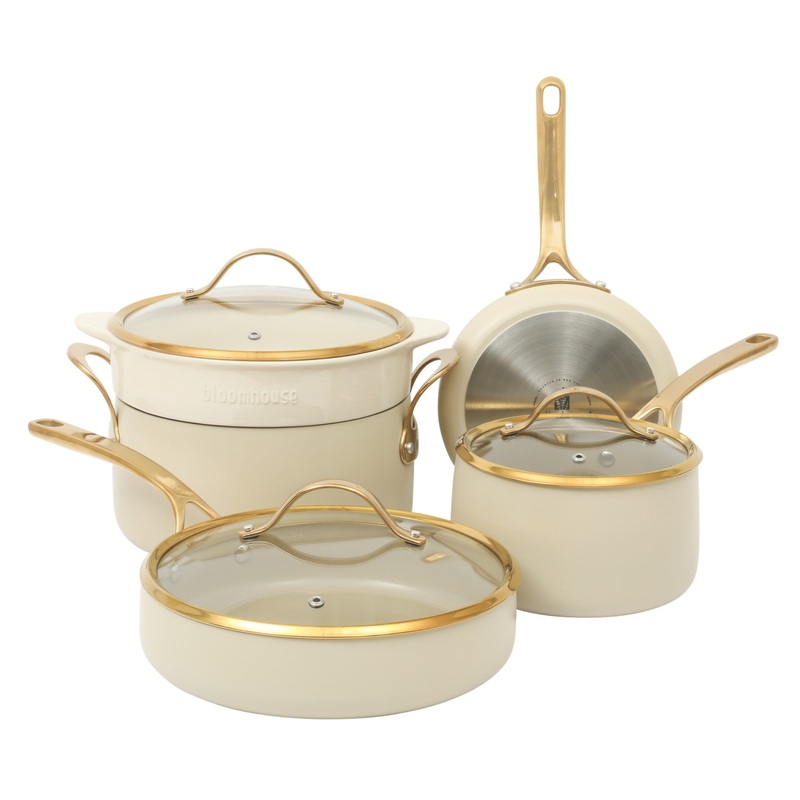 Bloomhouse 8 Piece Pots and Pans Heavy Duty Aluminum Premium PFA Free Ceramic Nonstick Dutch Oven Pot with Lid – Linen White with Gold Handle