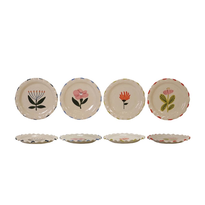 Hand-Painted Stoneware Plate w Flower & Ruffled Edge, 4 Styles