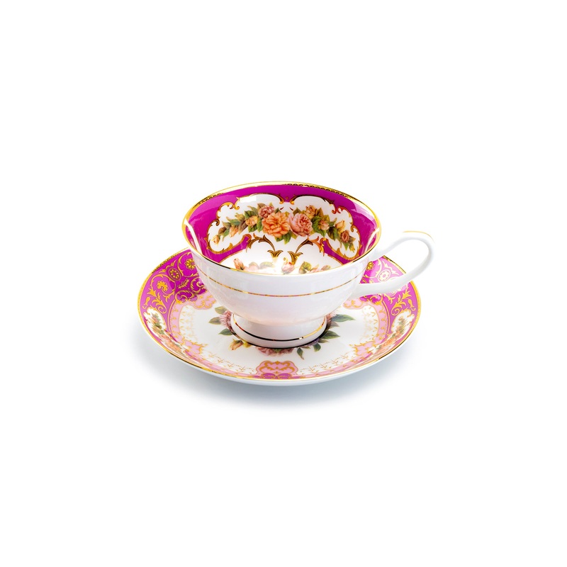 Royal Magenta Gold Bone China Tea Cup and Saucer