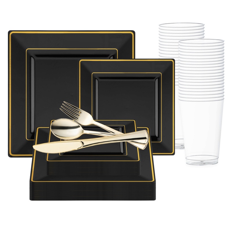 Black with Gold Square Edge Rim Plastic Wedding Value Set