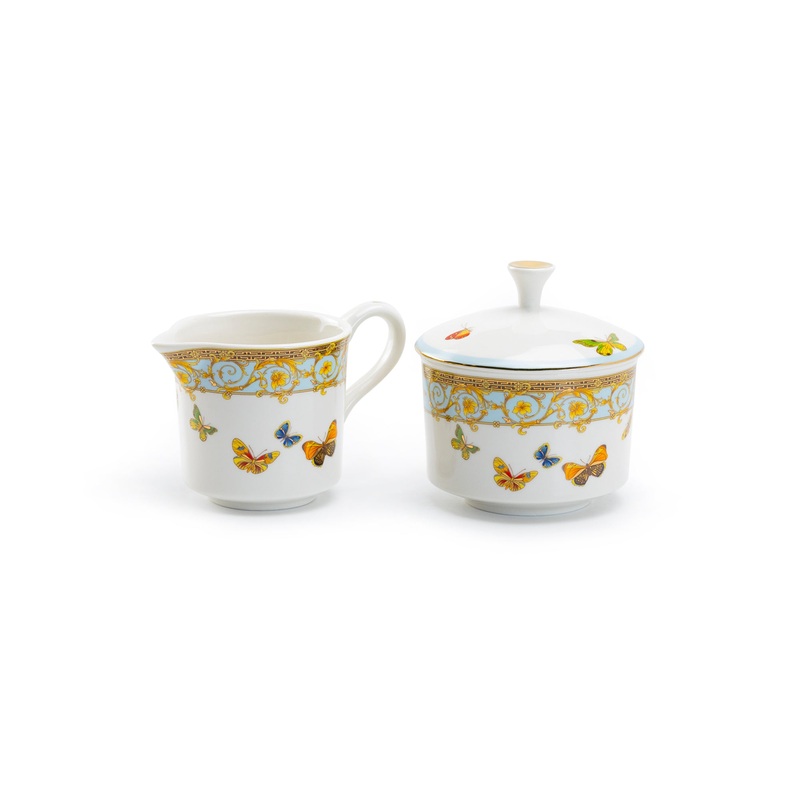 Butterflies with Blue Ornament Fine Porcelain Sugar & Creamer Set