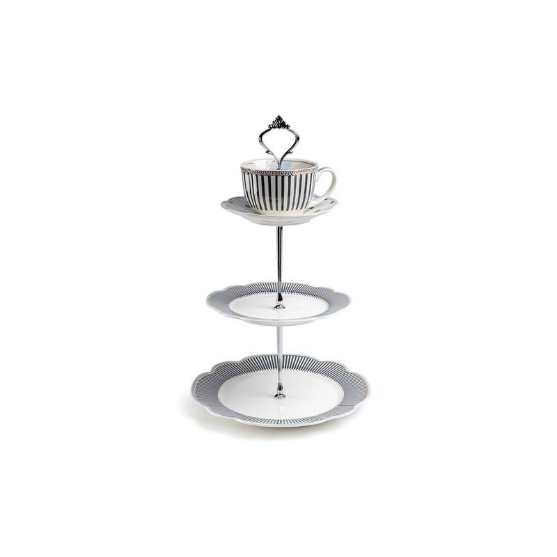 Dark Gray Stripes with Gold Dots Scallop Fine Porcelain 3-Tier Server