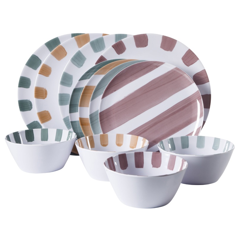 Gibson Home Cottage Stripes 12 Piece Unbreakable Melamine Plates and Bowls Dinnerware Set – Outdoor, Camping, & Everyday Use – Assorted Colors