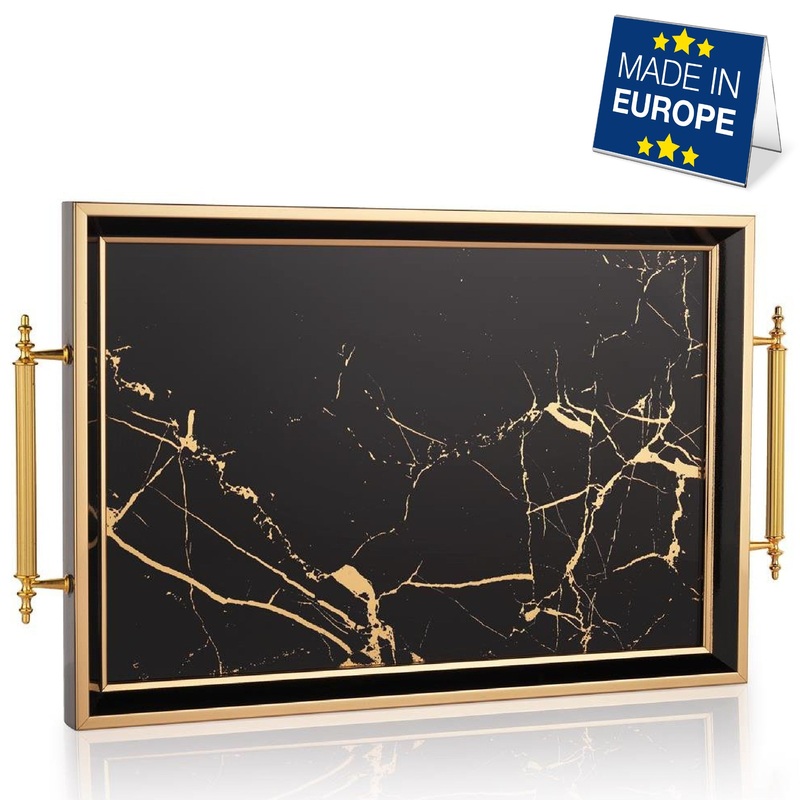 Hakan Rectangular Decorative Serving Tray 19×11.5-inch Black- Golden Marble, with Glass Surface