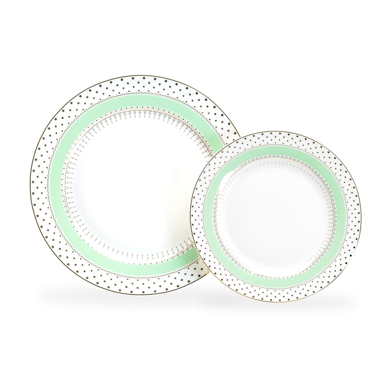 Mint Green Stripe with Gold Dots Fine Porcelain Dessert/Dinner Plate