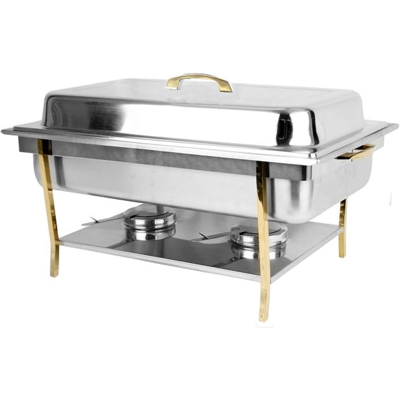 Stainless Steel Full Size Continental Chafing Dish Brass Accent Complete Set- Food Warmer Chafers and Buffet Warmer Sets for Catering Event Party Holiday Buffet Weddings Catering