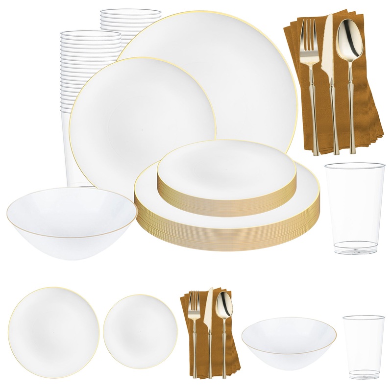 White with Gold Rim Organic Plastic Grand Wedding Value Set
