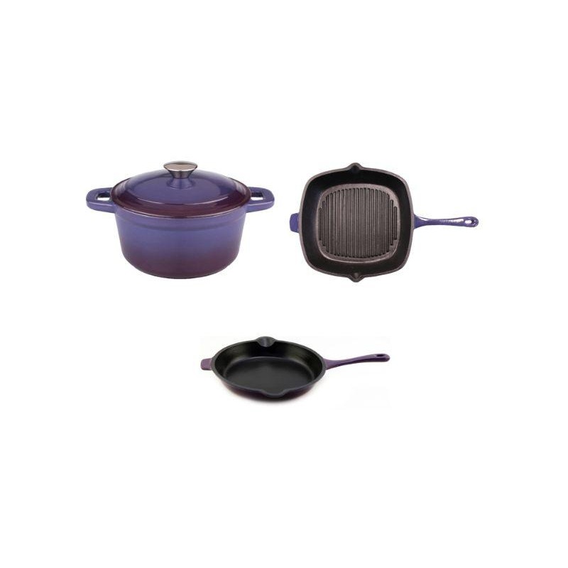 BergHOFF Neo 4pc Cast Iron Cookware Set, Fry Pan, Grill Pan & Round Dutch Oven, Purple