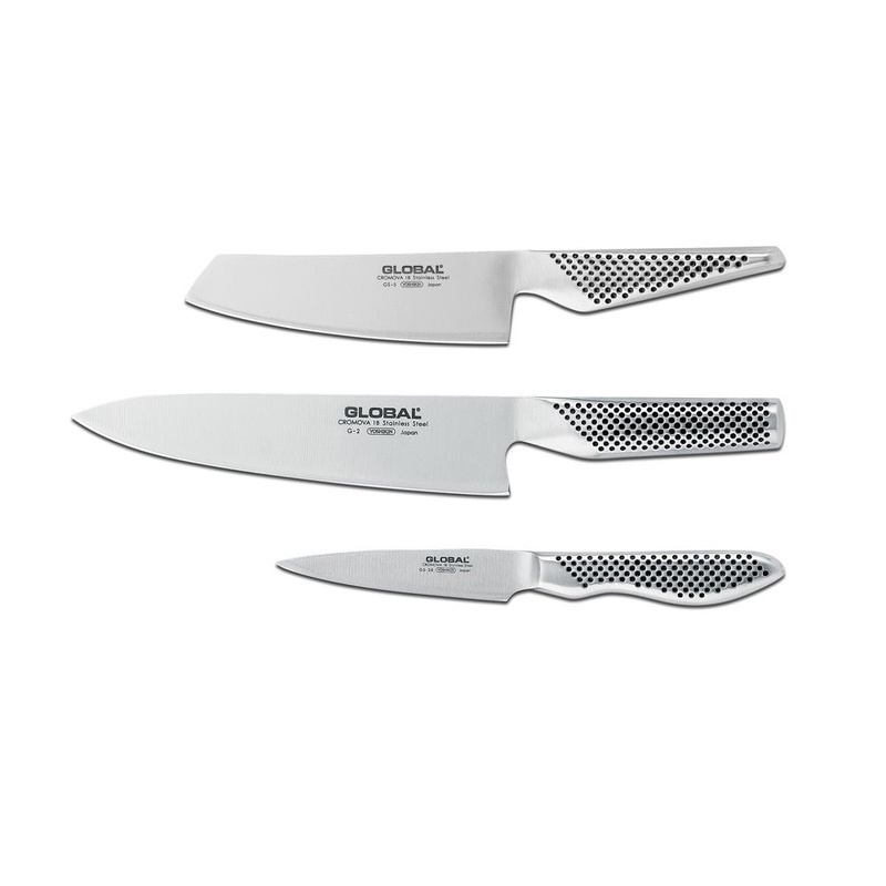 Global G-2538 3 Piece Knife Set with Chef’s, Vegetable and Paring Knife