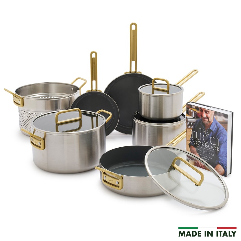 Stanley Tucci Stainless Steel Ceramic Nonstick 11-Piece Cookware Set with The Tucci Cookbook | Champagne Handles