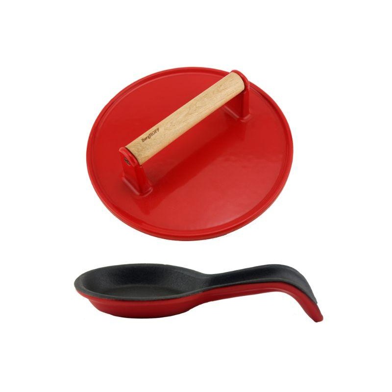 BergHOFF Neo 2pc Cast Iron Spoon Rest and Steak Press Set, Red