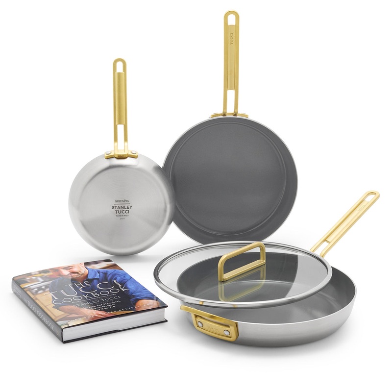 Stanley Tucci Stainless Steel Ceramic Nonstick 4-Piece Frypan Set with The Tucci Cookbook | Champagne Handles