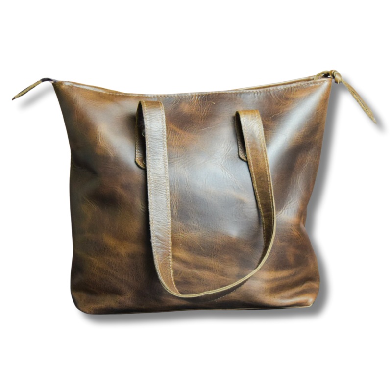 Tall Brown Leather Tote Bag with Zipper by World Orphans