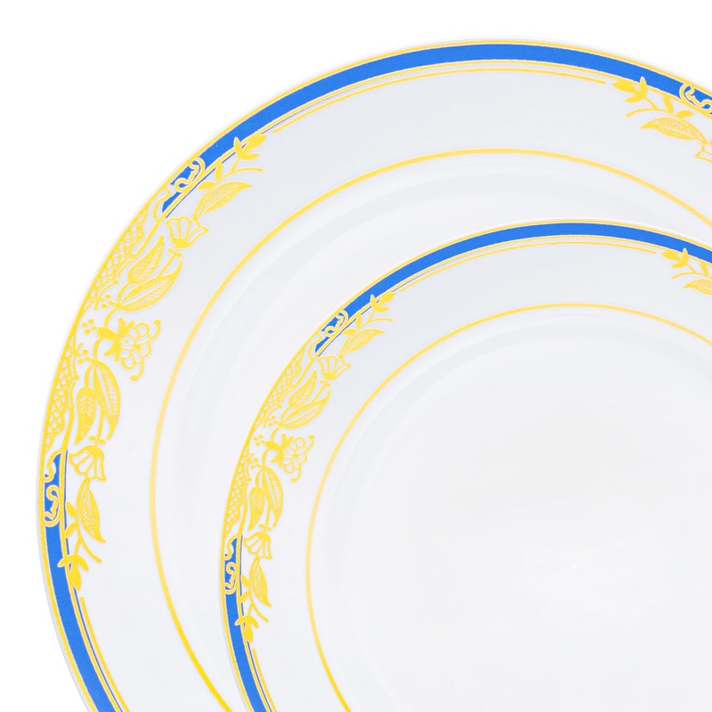 White with Blue and Gold Harmony Rim Plastic Dinnerware Value Set