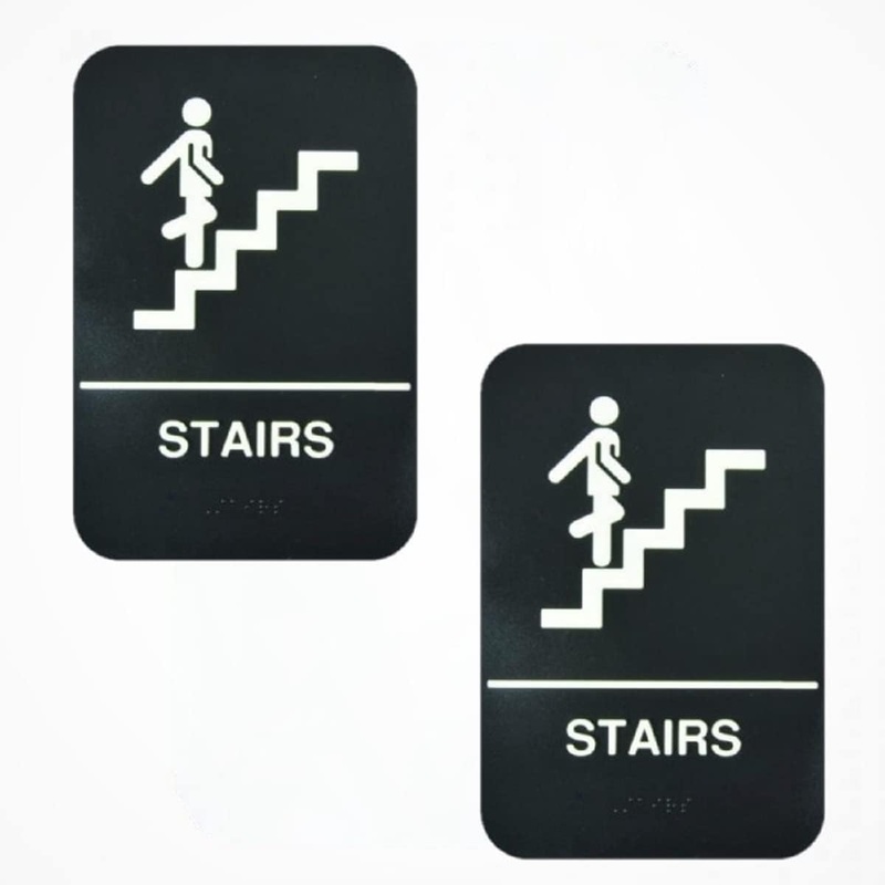 6″ x 9″ Stairs Sign with Braille Easy Peel Self-Adhesive White on Black Color Set of 2- Waterproof Self Adhesive Store Signs Indoor/Outdoor Warning Marker Home Business Use