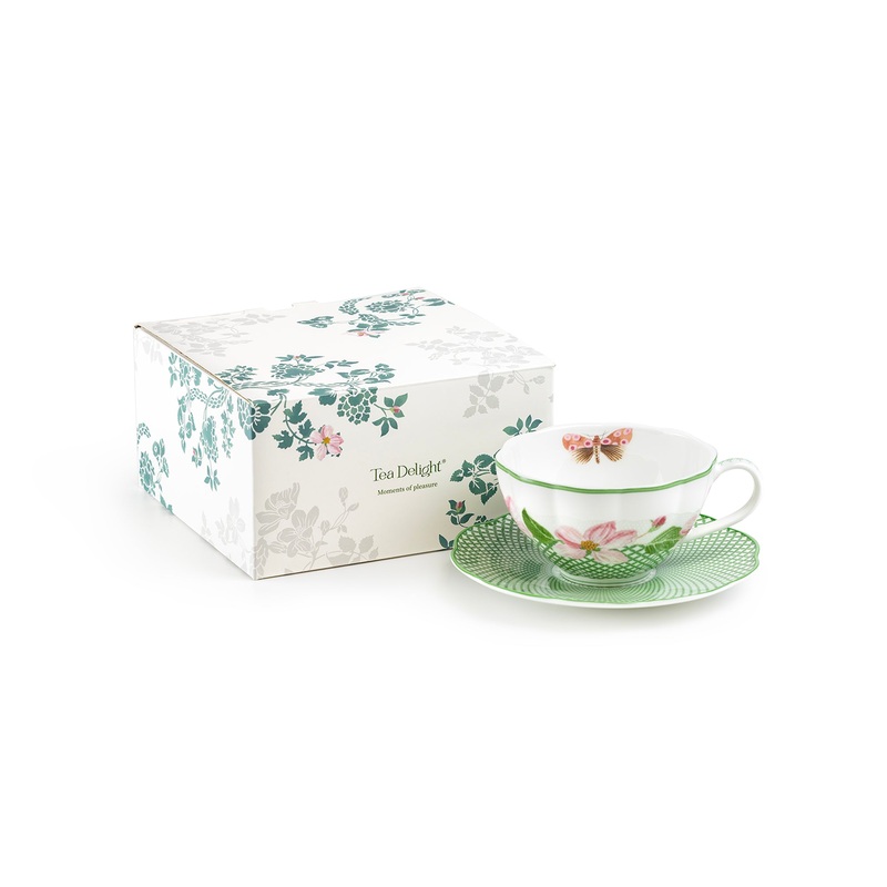 Apple Blossom Lattice Bone China Tea Cup and Saucer with Gift Box