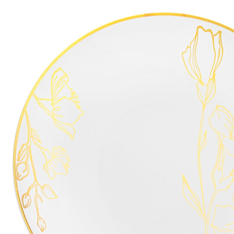 White with Gold Antique Floral Round Disposable Plastic Appetizer/Salad Plates (7.5″)