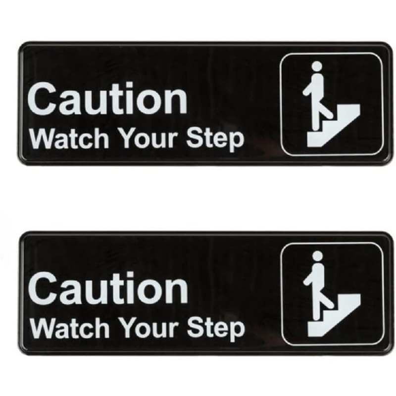 9″ x 3″ Caution, Watch Your Step Sign with Easy Peel Self-Adhesive White on Black Color Set of 2- Door Sign Waterproof Self Adhesive Store Signs Indoor/Outdoor Warning Marker Home Business Use