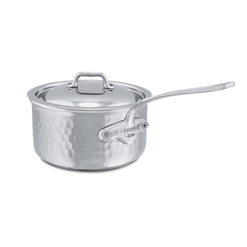 Mauviel M’ELITE Hammered 5-Ply Sauce Pan With Curved Lid, Cast Stainless Steel Handles, 0.8-Qt