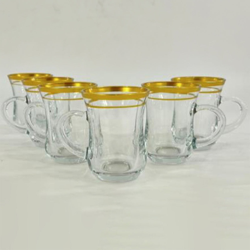 Pasabahce Lina Teacups with Handle and Gold Rim, 6 Pcs, 4.7 Oz, 140 cc