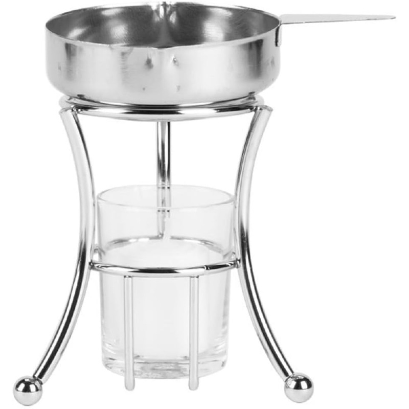 3 Piece Set Butter Warmer Stainless Steel Warmer Pan with Chrome Iron Plated Wire Stand and Glass Holder- Warmer Set for Chocolate Butter Cheese Perfect for dip Fruit Dessert Snack