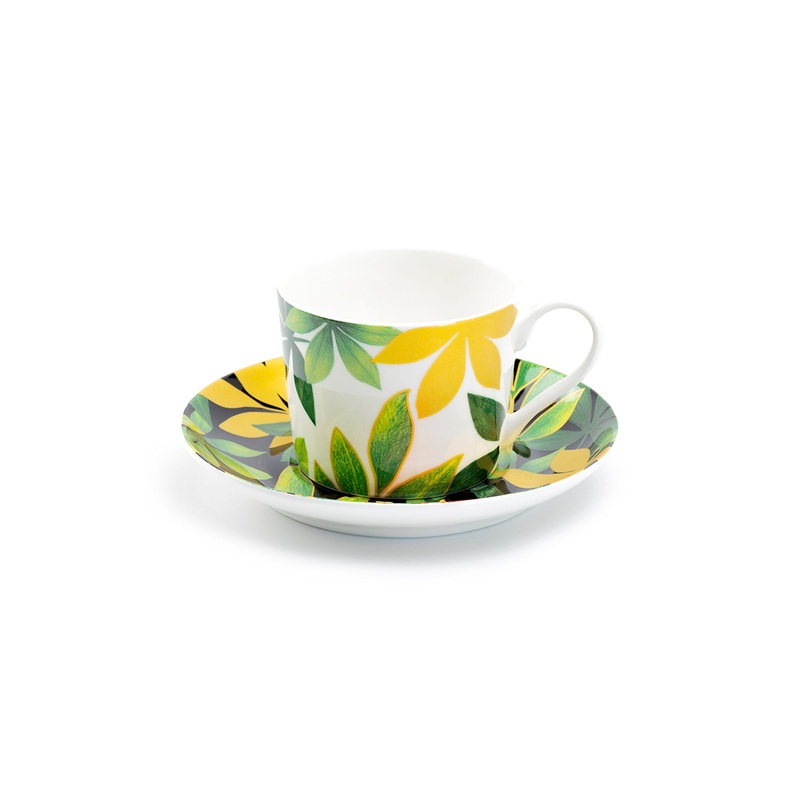 Green Gold Leaves Bone China Cup and Saucer