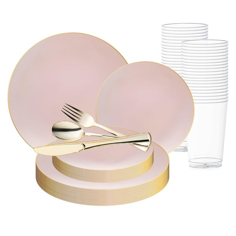Pink with Gold Organic Round Disposable Plastic Wedding Value Set