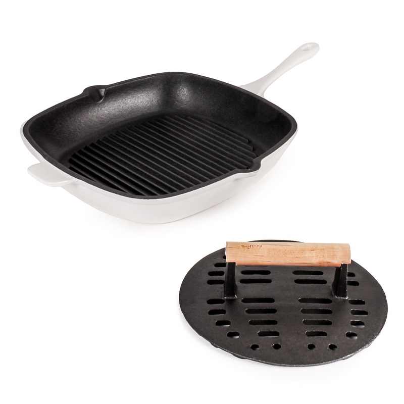 BergHOFF Neo 2pc Cast Iron 11″ Grill Pan with Slotted Steak Press, White