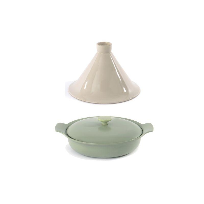 BergHOFF Ron 3Pc Tajine Set, Green Cast Iron Covered Deep Skillet & White Stone Tajine Cover