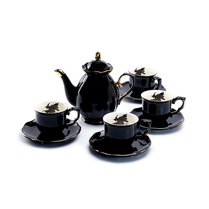Black Gold Scallop Teapot + 4 Flying Witch Tea Cup and Saucer Sets