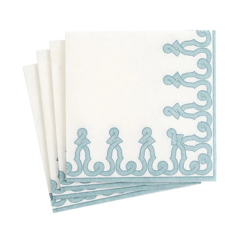 Caspari Dessin Passementerie Paper Linen Cocktail Napkins in Stone Blue – 15 Per Package