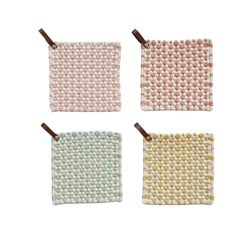Multi Color Crocheted Pot Holder w/ Leather Loop, 4 Styles